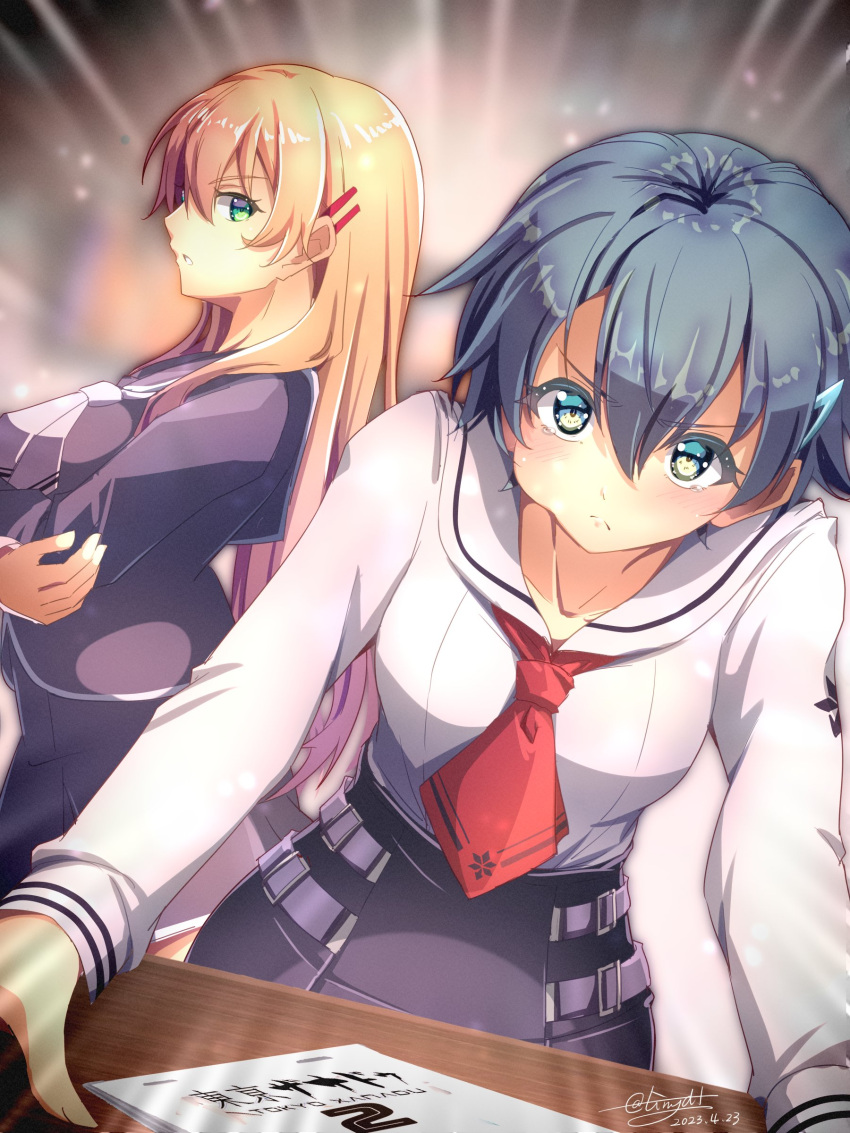 2girls, absurdres, ahoge, blonde_hair, blue_eyes, breasts, crossed_arms, green_eyes