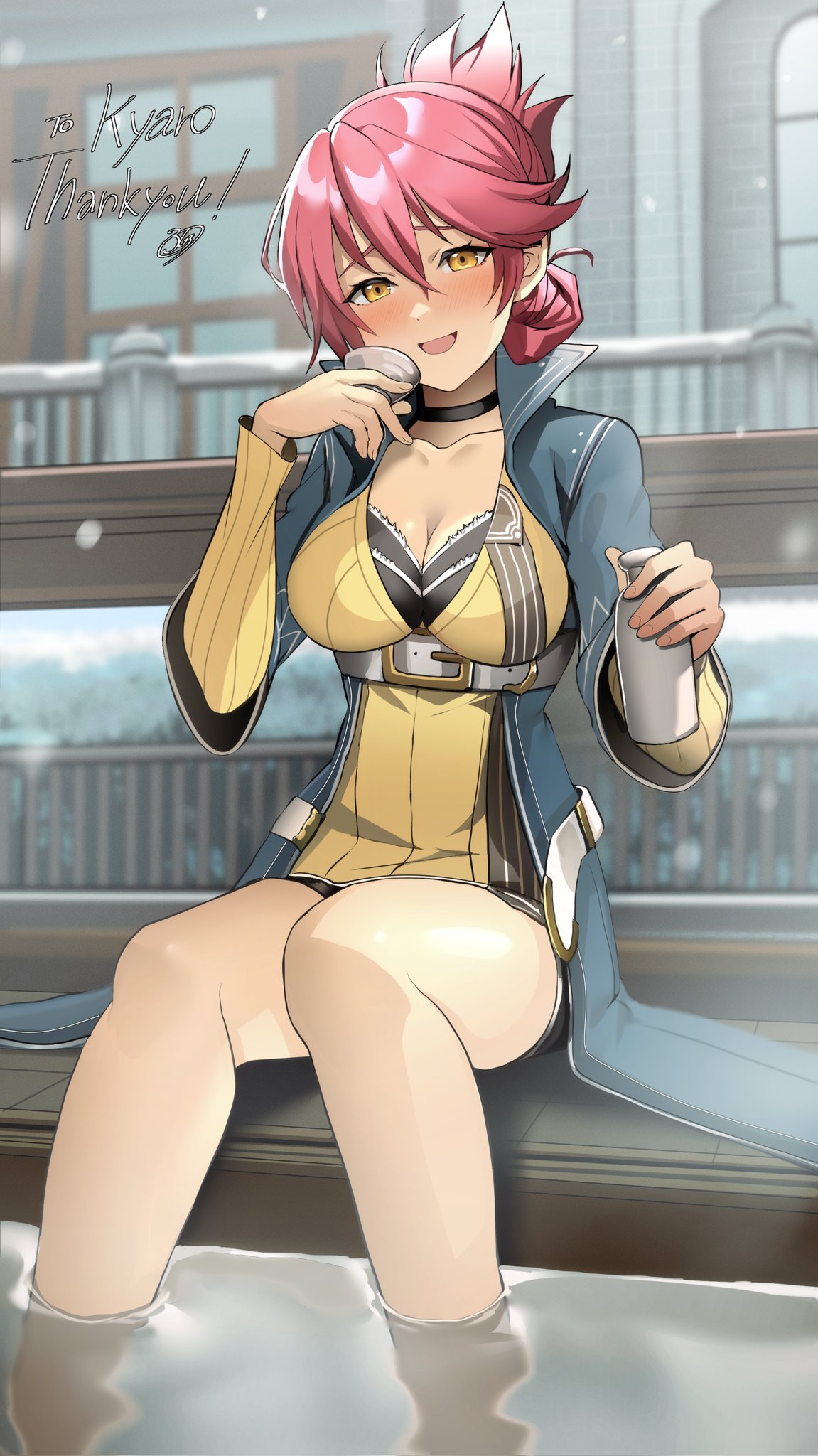 364ing01, alcohol, blush, bottle, breasts, choko_(cup), cleavage_cutout, clothing_cutout