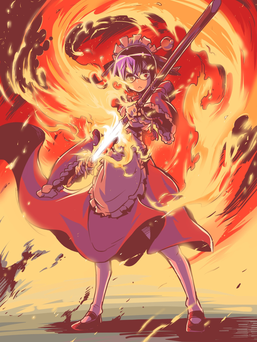 1girl, apron, fire, full_body, highres, holding, houjou_souun_(sengoku_collection), ishiyumi