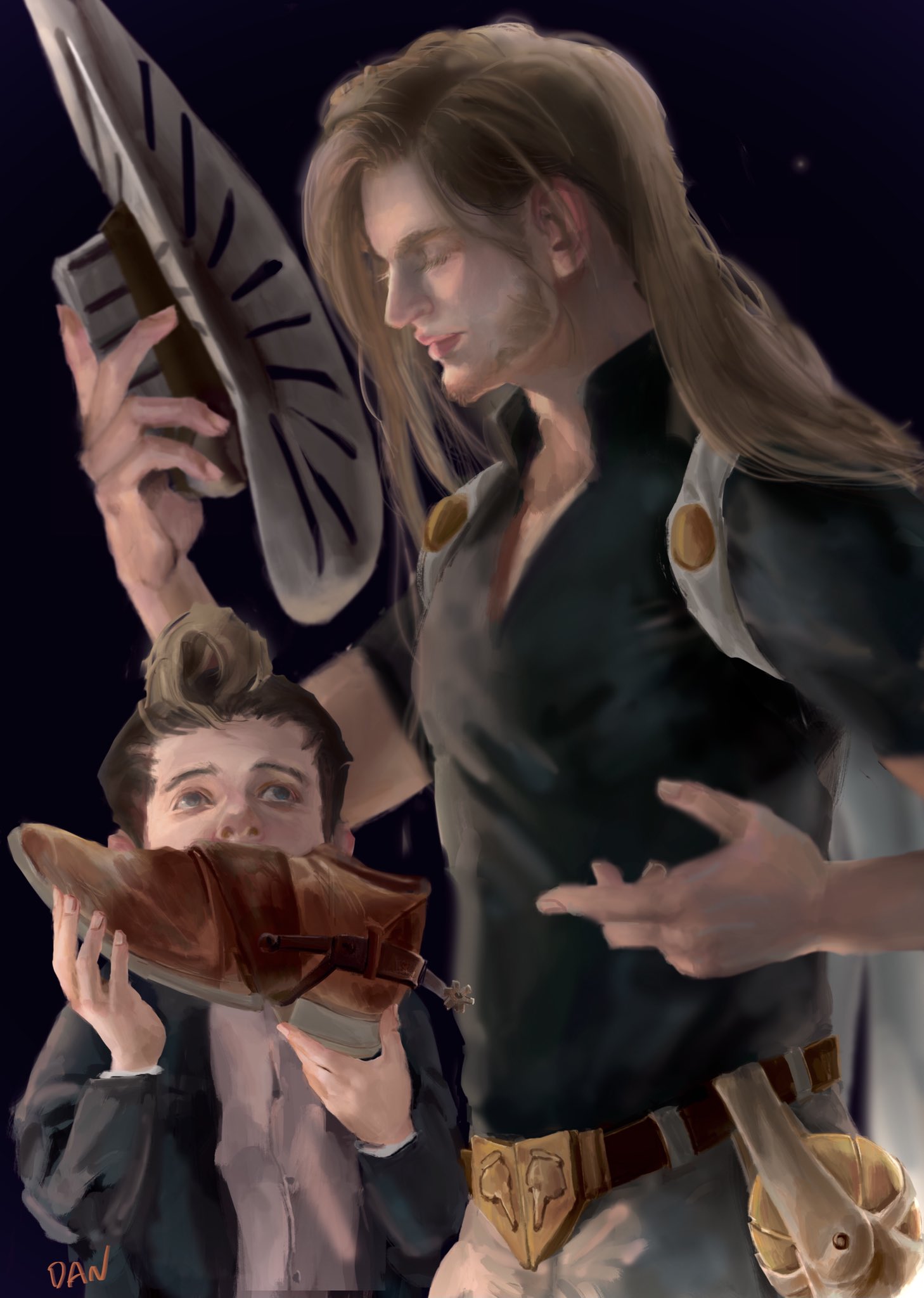 2boys, artist_name, ball, beard, blonde_hair, closed_eyes, commentary_request, danart14020