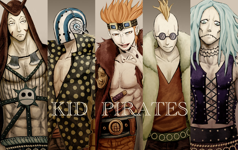 5boys, blonde_hair, blue_hair, character_request, closed_mouth, english_text, eustass_kid, glasgow_smile, goggles, goggles_on_head, heat_(one_piece), helmet, killer_(one_piece), long_hair, mohawk, multiple_boys, one_piece, open_mouth, rakurakurakumiya, redhead, scar, short_hair, spikes, sunglasses, wire_(one_piece)