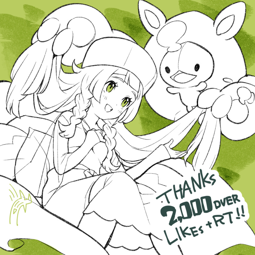 1girl, :d, blunt_bangs, blush, braid, caitlin_(pokemon), caitlin_(pokemon)_(cosplay), cosplay, dress, eyelashes, green_background, green_eyes, hair_lift, hands_up, happy, hat, highres, kinocopro, lillie_(pokemon), long_hair, long_sleeves, milestone_celebration, open_mouth, pokemon, pokemon_(creature), pokemon_(game), pokemon_bw, pokemon_sm, reuniclus, sleeves_past_wrists, smile, thank_you, twin_braids