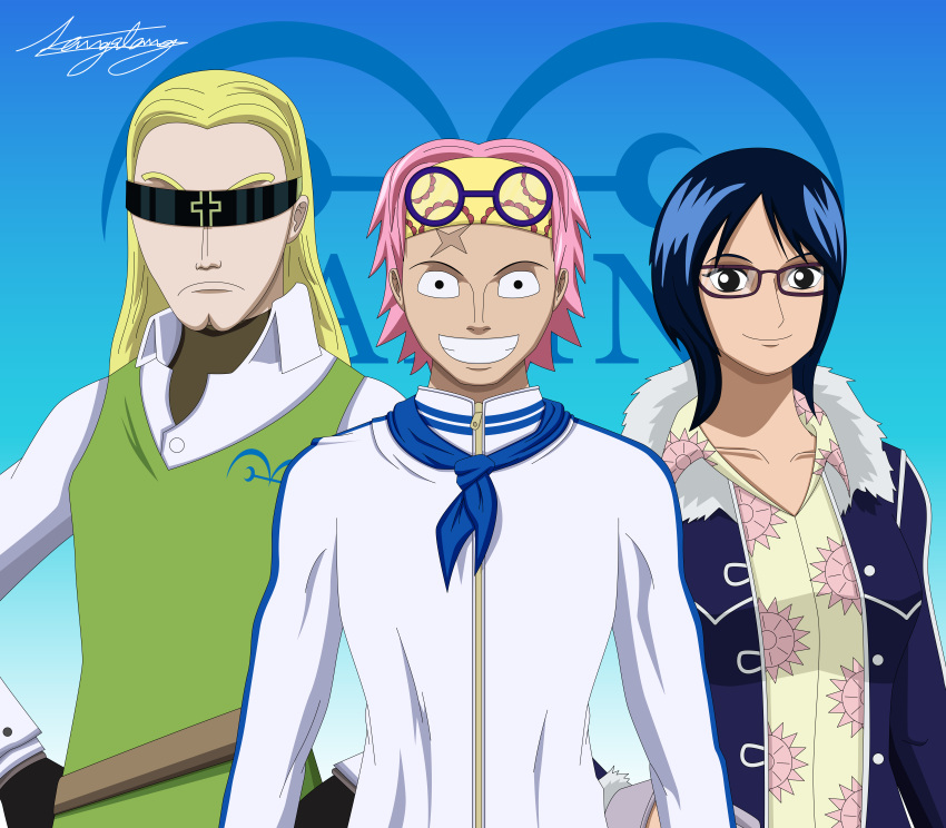 1girl, 2boys, absurdres, black_gloves, blonde_hair, blue_hair, closed_mouth, eyewear_on_head, glasses, gloves, helmeppo, highres, johnrap016, koby_(one_piece), long_hair, looking_at_viewer, multiple_boys, one_piece, pink_hair, scar, short_hair, signature, smile, sunglasses, tashigi, uniform