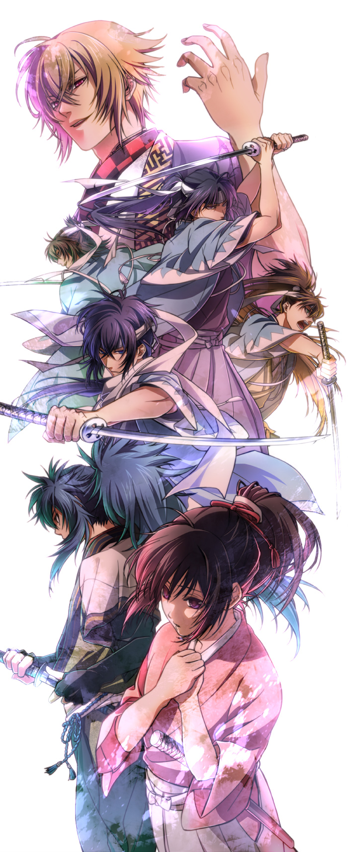 brown_hair, chikage_kazama, hakuouki_shinsengumi_kitan, haori, headband, highres, hijikata_toshizou_(hakuouki), hijitaka_toshizou, japanese_clothes, katana, mocchiri_oyaji, okita_souji_(hakuouki), ponytail, ryunosuke_ikenami, saitou_hajime_(hakuouki), sayagata, sword, toudou_heisuke, weapon, yukimura_chizuru