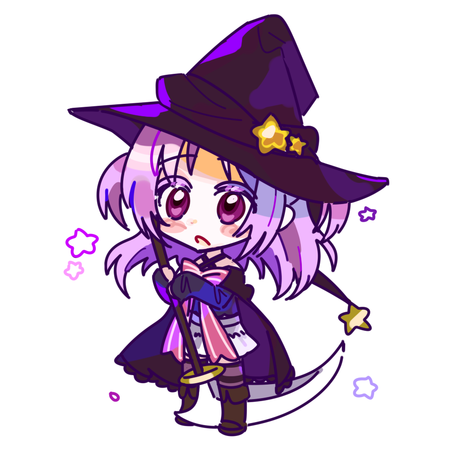 1girl, black_cape, black_headwear, blush, brown_footwear, cape, chibi, fold-over_boots, full_body, hat, holding, holding_scythe, magia_record:_mahou_shoujo_madoka_magica_gaiden, magical_girl, mahou_shoujo_madoka_magica, misono_karin, open_mouth, parted_bangs, parted_hair, pink_ribbon, purple_hair, ribbon, rro_del, scythe, simple_background, skirt, solo, standing, star_(symbol), two_side_up, violet_eyes, white_background, white_skirt, witch_hat, yellow_gemstone