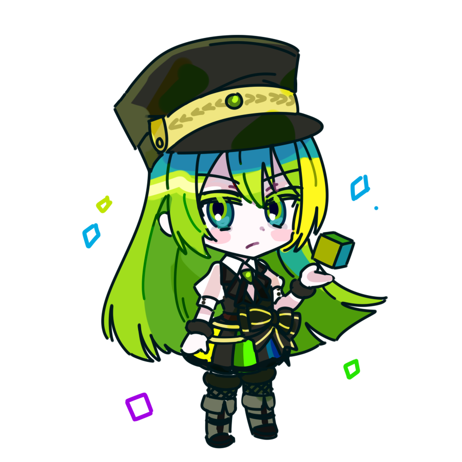 1girl, alina_gray, black_bow, black_footwear, black_headwear, black_vest, blunt_ends, boots, bow, chain, chibi, closed_mouth, collar, cube, detached_collar, fold-over_boots, full_body, fur_cuffs, green_eyes, green_hair, hair_between_eyes, hat, long_hair, looking_at_viewer, magia_record:_mahou_shoujo_madoka_magica_gaiden, magical_girl, mahou_shoujo_madoka_magica, multicolored_clothes, multicolored_hair, multicolored_skirt, peaked_cap, pleated_skirt, puffy_short_sleeves, puffy_sleeves, rro_del, see-through, see-through_sleeves, short_sleeves, sidelocks, simple_background, skirt, solo, streaked_hair, striped, striped_skirt, vertical-striped_skirt, vertical_stripes, vest, waist_bow, white_background, white_collar, white_sleeves