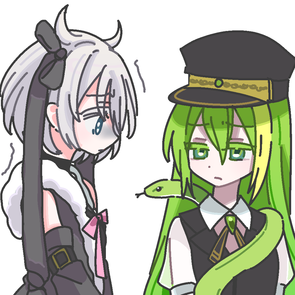 2girls, alina_gray, azusa_mifuyu, black_headwear, black_necktie, black_vest, brooch, closed_mouth
