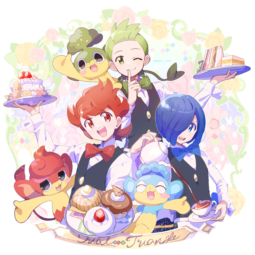 3boys, :d, ;), absurdres, black_vest, blue_bow, blue_bowtie, blue_eyes, blue_hair, blush_stickers, bow, bowtie, brothers, buttons, cake, chili_(pokemon), cilan_(pokemon), closed_mouth, commentary_request, cress_(pokemon), cup, cupcake, food, green_bow, green_bowtie, green_eyes, green_hair, hair_over_one_eye, highres, holding, holding_plate, index_finger_raised, long_sleeves, male_focus, multiple_boys, one_eye_closed, open_mouth, panpour, pansage, pansear, paru_rari, plate, pokemon, pokemon_(creature), pokemon_(game), pokemon_bw, red_bow, red_bowtie, red_eyes, redhead, sandwich, saucer, shirt, short_hair, siblings, smile, tea, teacup, teeth, tongue, unova_monkeys, upper_teeth_only, vest, white_shirt
