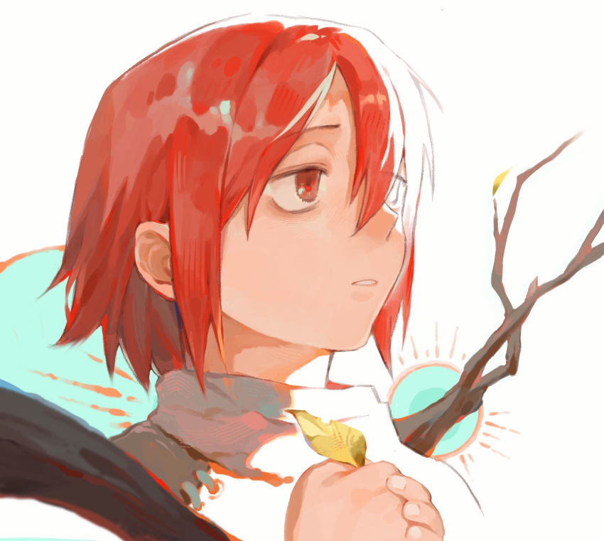 1girl, blending, branch, cropped_shoulders, grey_scarf, hair_between_eyes, half-closed_eyes, hands_up