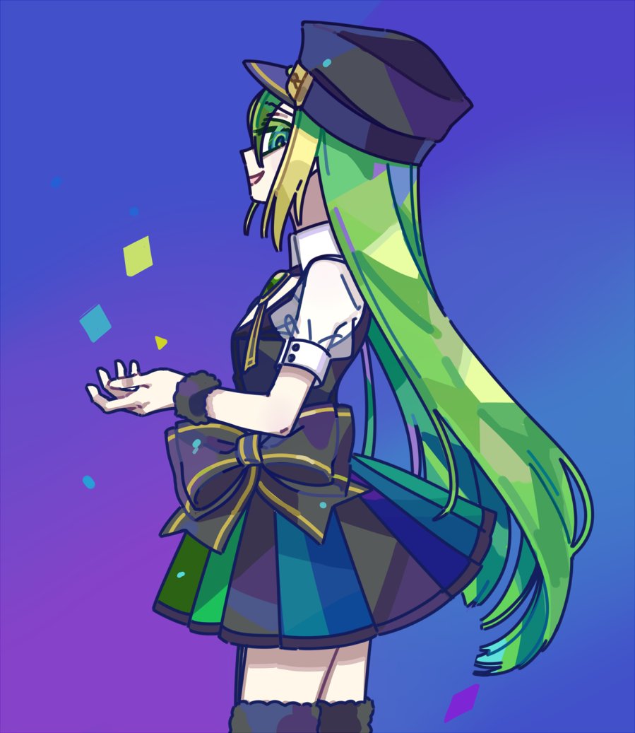 1girl, alina_gray, black_bow, black_headwear, blue_background, bow, collar, from_side