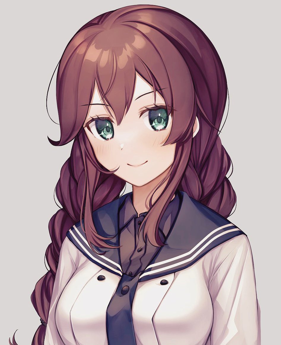 1girl, black_sailor_collar, black_shirt, braid, brown_hair, collared_shirt, green_eyes, grey_background