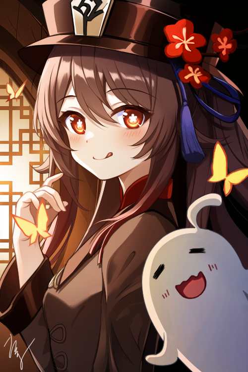 1girl, :p, ahoge, blush, boo_tao_(genshin_impact), brown_hair, bug, butterfly