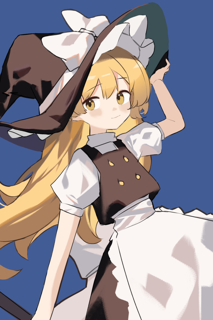 1girl, absurdres, apron, black_headwear, black_skirt, black_vest, blonde_hair, blue_background