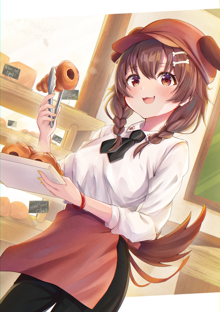 1girl, absurdres, alternate_costume, animal_ears, apron, bakery, black_neckerchief, black_pants