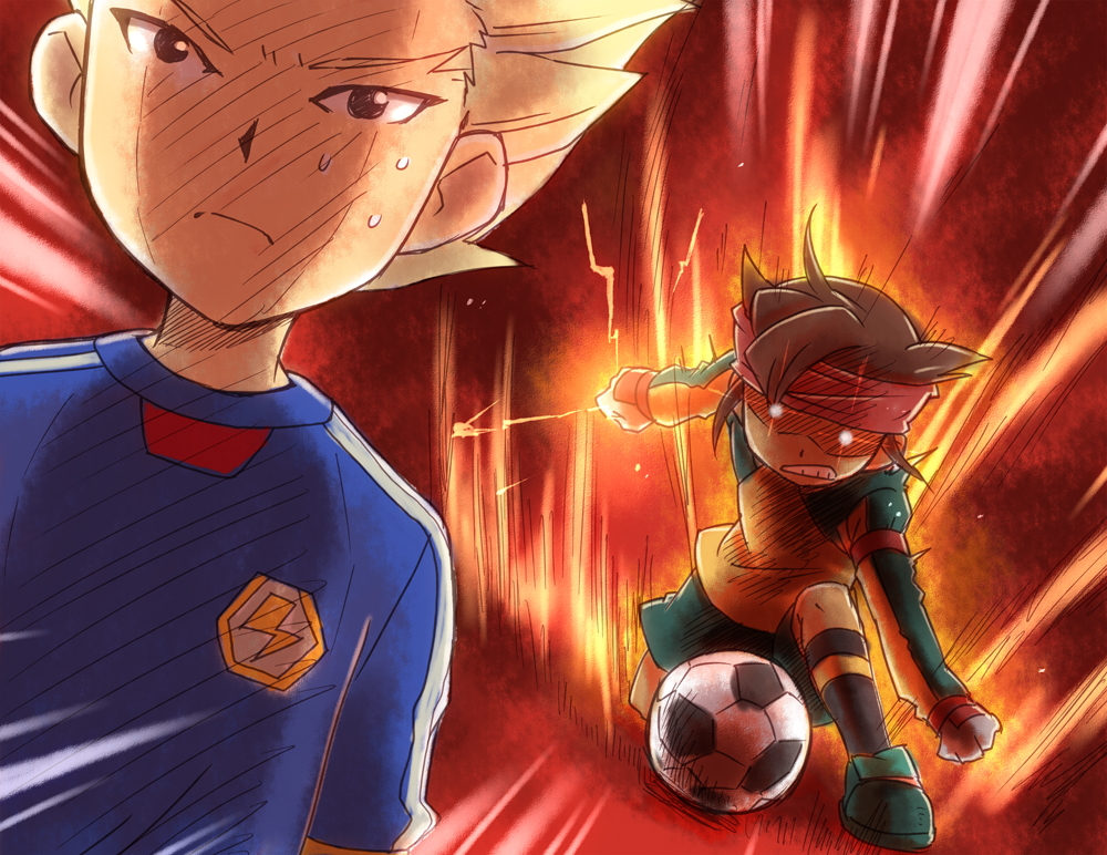 artist_request, ball, brown_hair, electricity, endou_mamoru, fire, glowing, glowing_eyes, gouenji_shuuya, headband, inazuma_eleven, male, multiple_boys, playing_sports, shirataki, soccer, soccer_ball, sport, sweat, telstar