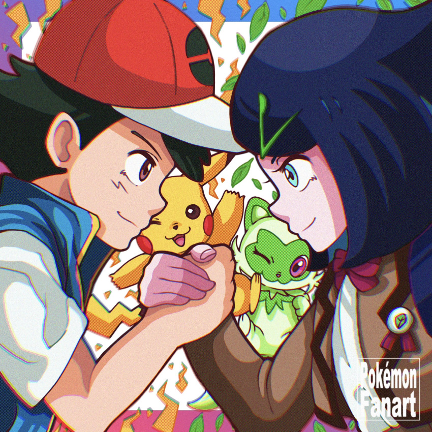 1boy, 1girl, ash_ketchum, black_hair, blue_eyes, bowtie, brown_eyes, holding_hands, liko_(pokemon), pikachu, pokemon, riko_(pokemon), satoshi_(pokemon), sprigatito