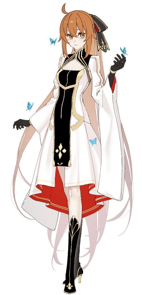 1girl, ahoge, alternate_hair_length, alternate_hairstyle, artoria_caster_(fate), artoria_caster_(fate)_(cosplay), artoria_pendragon_(fate), black_bow, black_footwear, black_gloves, black_ribbon, blue_butterfly, bow, bug, butterfly, clothing_cutout, cosplay, dress, fate/grand_order, fate_(series), fujimaru_ritsuka_(female), full_body, gloves, kurenai_veni1, long_hair, long_sleeves, orange_hair, ribbon, simple_background, solo, very_long_hair, white_background, white_dress, yellow_eyes