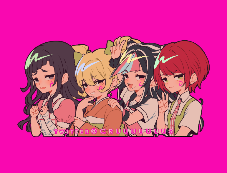 4girls, :d, apron, arm_up, artist_name, bandaged_arm, bandages, black_hair