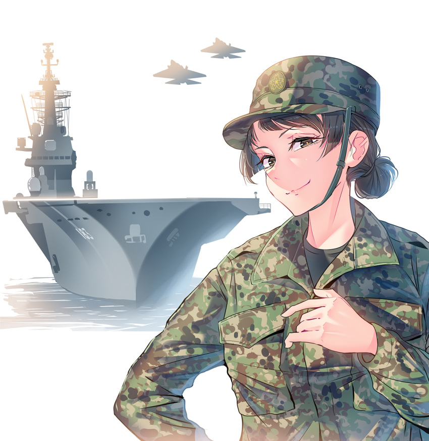 1girl, aircraft, black_hair, breast_pocket, brown_eyes, cover, daito, f-15_eagle