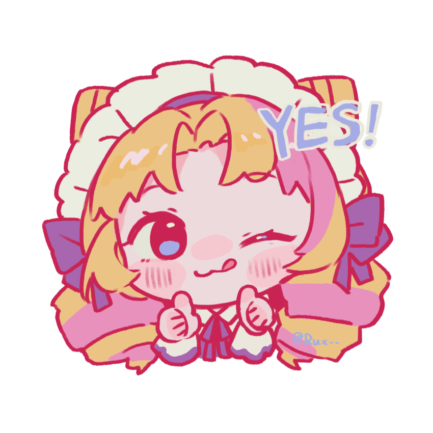 1girl, ;3, ;q, blonde_hair, blue_eyes, blush, cafe_cuties_gwen, cone_hair_bun