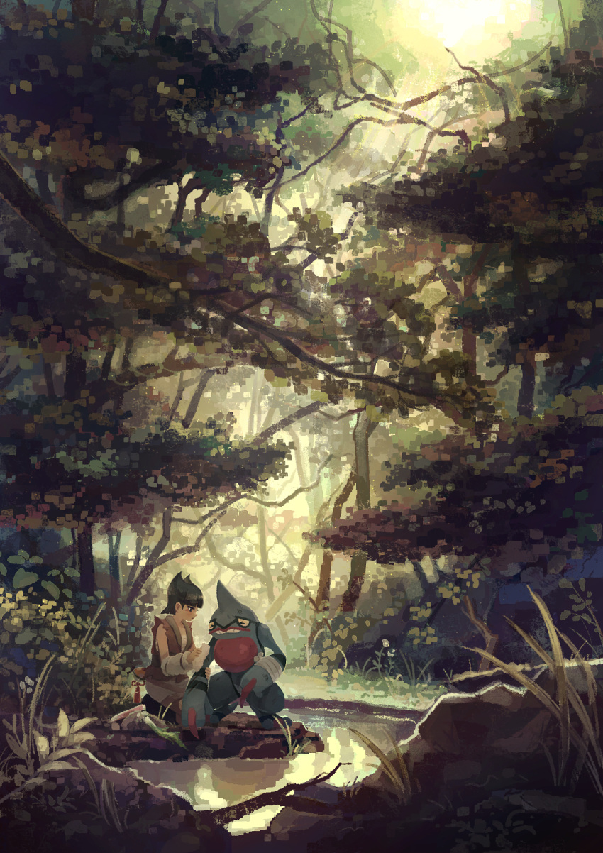 >_<, 1girl, arm_warmers, bandages, blunt_bangs, brown_vest, chest_sarashi, coin_(pokemon)