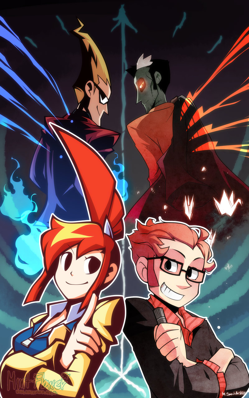 back-to-back, black_eyes, black_hair, blonde_hair, crossed_arms, crossover, fire, from_behind