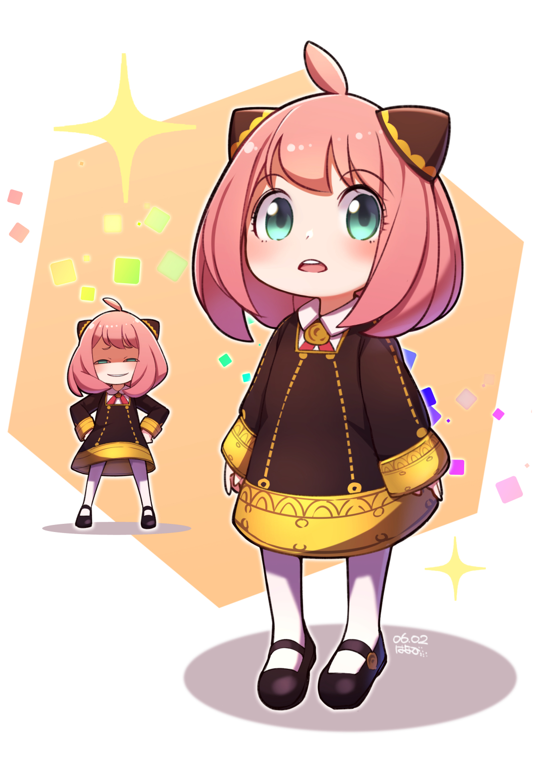 1girl, anya's_heh_face_(meme), anya_(spy_x_family), aqua_eyes, black_dress, child, cone_hair_bun, dress