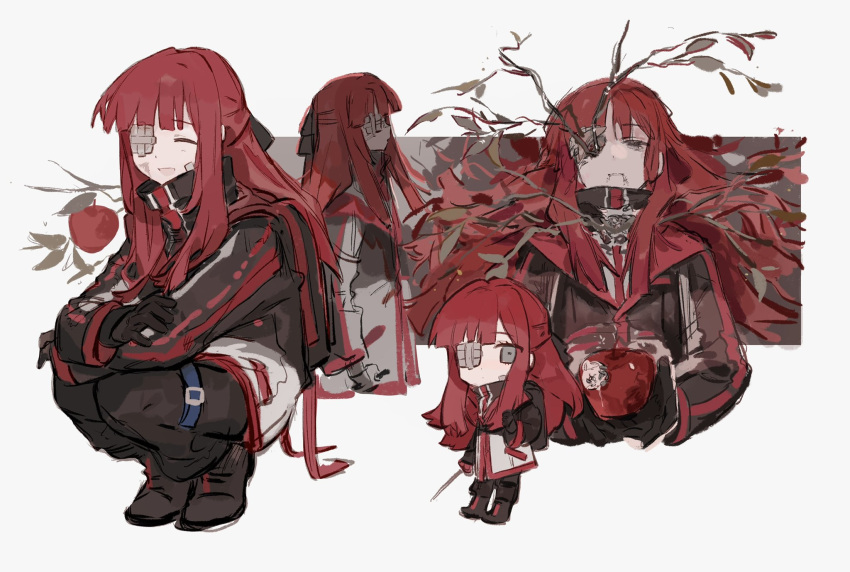 1girl, apple, bandaid, bandaid_on_face, black_bow, black_footwear, black_jacket, black_pants