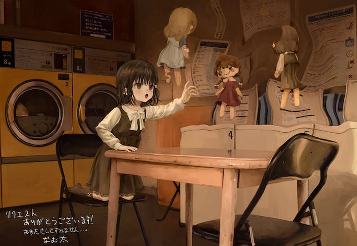 1girl, bow, bowtie, brown_dress, brown_eyes, brown_hair, brown_socks, chair