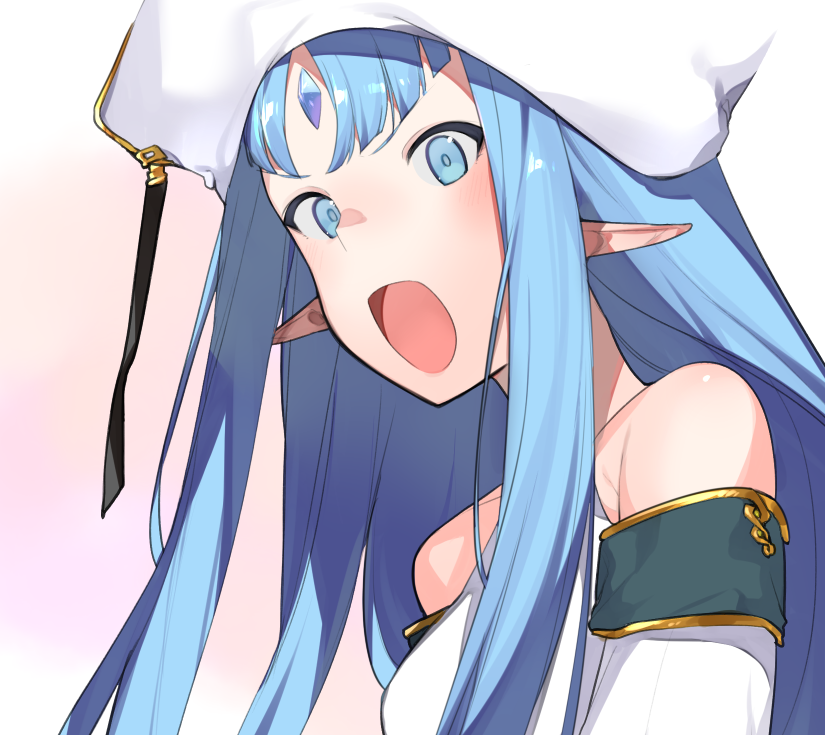 1girl, bare_shoulders, blue_eyes, blue_hair, forehead_jewel, gradient_background, hat, long_hair