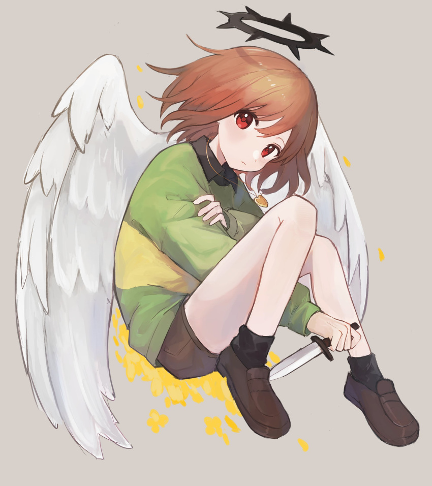 1other, angel_wings, black_shirt, black_socks, brown_footwear, brown_shorts, chara_(undertale), collared_shirt