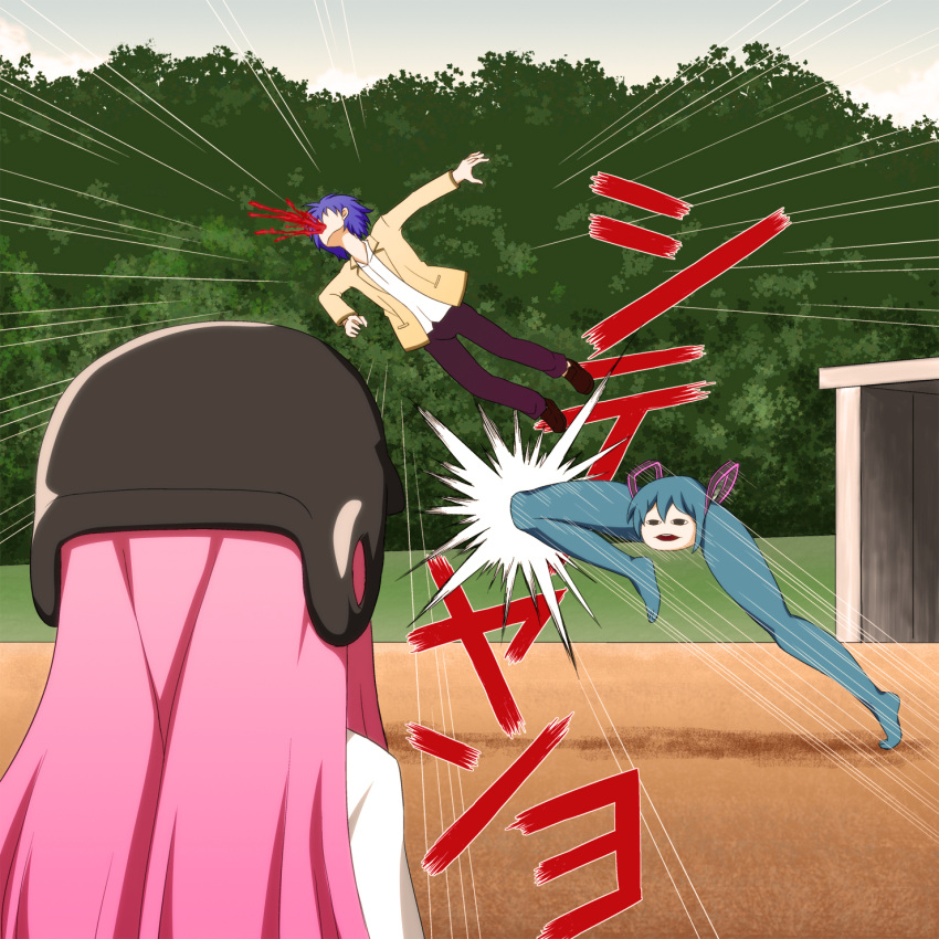 blood, hatsune_miku, helmet, highres, hinata_(angel_beats!), hitting, pink_hair, school_uniform