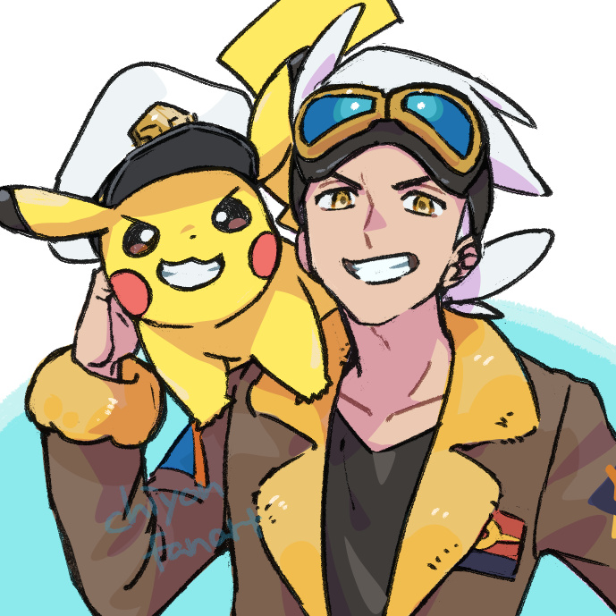 1boy, brown_jacket, captain_pikachu, chon_chiyon, clothed_pokemon, commentary_request, friede_(pokemon), fur-trimmed_jacket