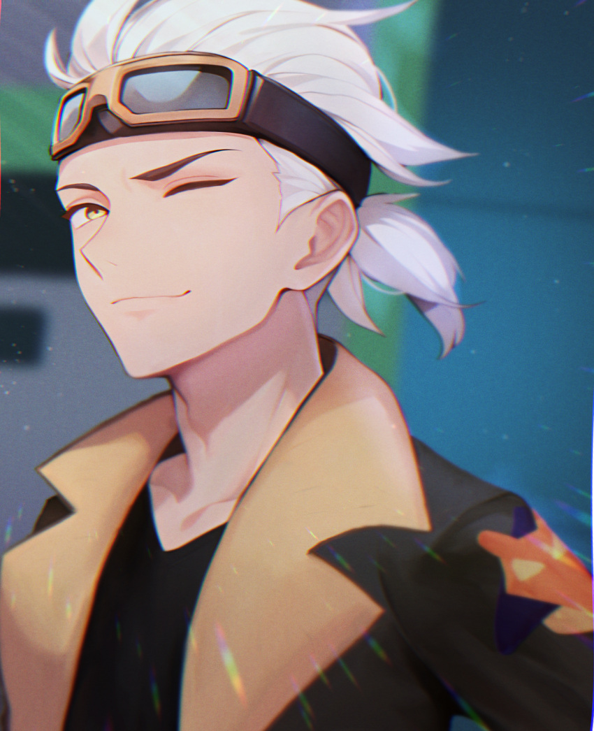 1boy, ;), black_jacket, black_shirt, blurry, blurry_background, closed_mouth, commentary_request