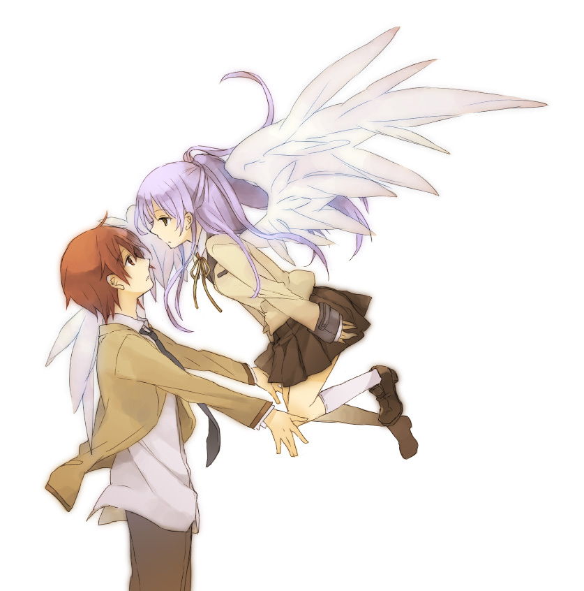 catch, flying, otonashi_(angel_beats!), purple_hair, school_uniform, tachibana_kanade, wings, yuzu_juncgr