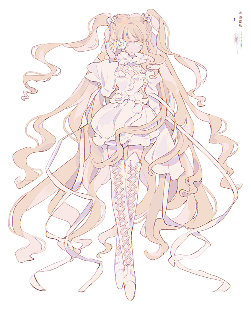 1girl, absurdres, blonde_hair, boots, commentary, cross-laced_footwear, dress, flower