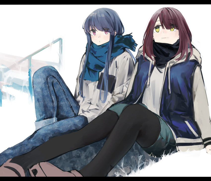 2girls, absurdres, blue_hair, brown_hair, crocs, denim, green_eyes, highres
