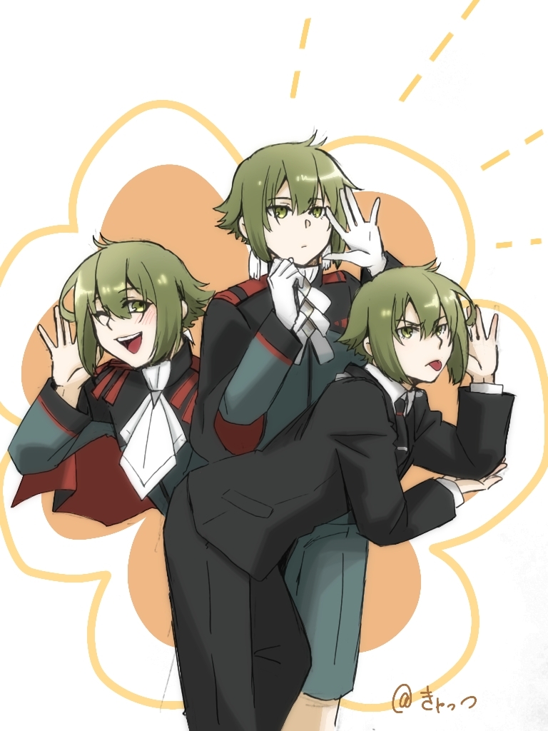 3boys, asticassia_school_uniform, blush, cape, earrings, elan_ceres, epaulettes, formal, green_eyes, green_hair, gundam, gundam_suisei_no_majo, jewelry, leaning_forward, looking_at_viewer, mitarasi_komachi, multiple_boys, necktie, open_mouth, perfume_(band), school_uniform, short_hair, shorts, smile, standing, suit, tassel, tassel_earrings, tongue, tongue_out, twitter_username