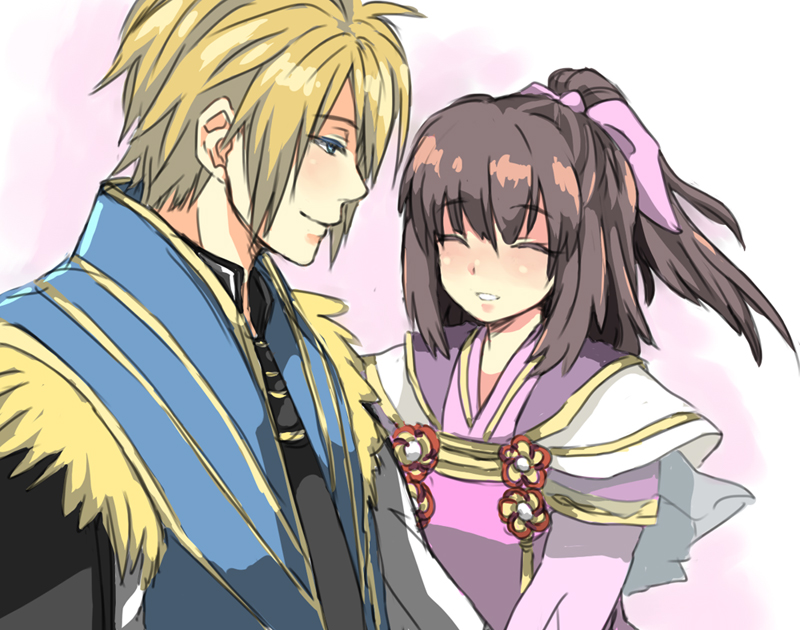 1girl, azai_nagamasa, azai_nagamasa_(sengoku_musou), blonde_hair, blue_eyes, blush, brown_hair, closed_eyes