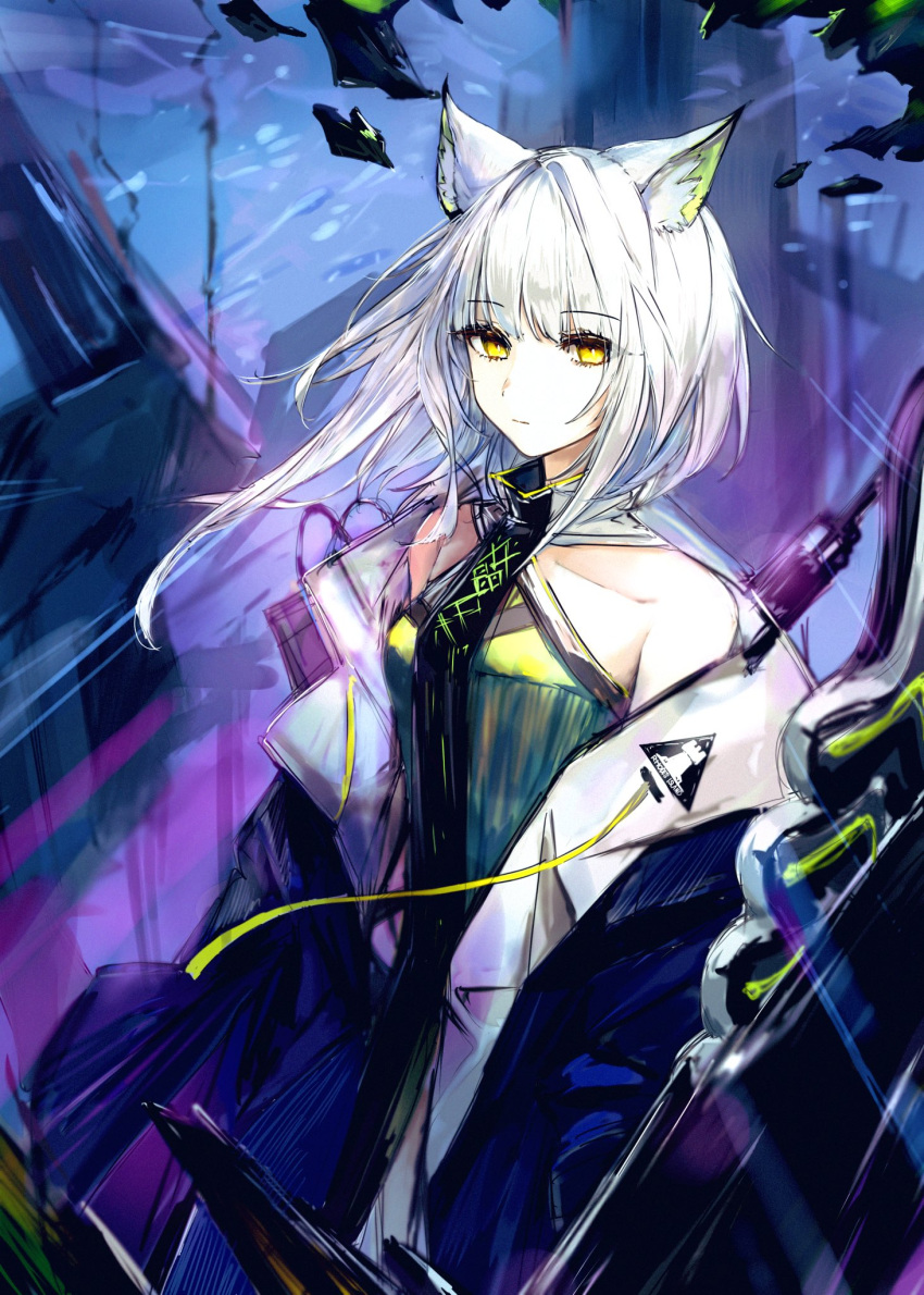 1girl, animal_ears, arknights, asymmetrical_hair, bare_shoulders, black_coat, cat_ears, cat_girl