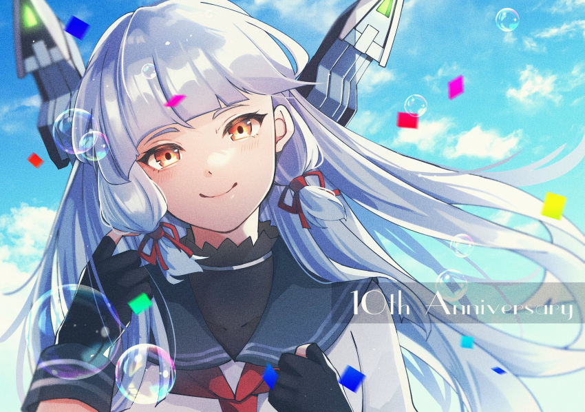 1girl, anniversary, aru16, black_gloves, black_sailor_collar, blush, bubble, closed_mouth