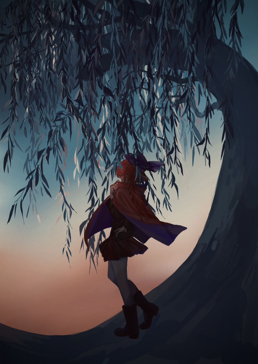 1girl, adjusting_clothes, black_footwear, black_shirt, blue_bow, boots, bow, cape