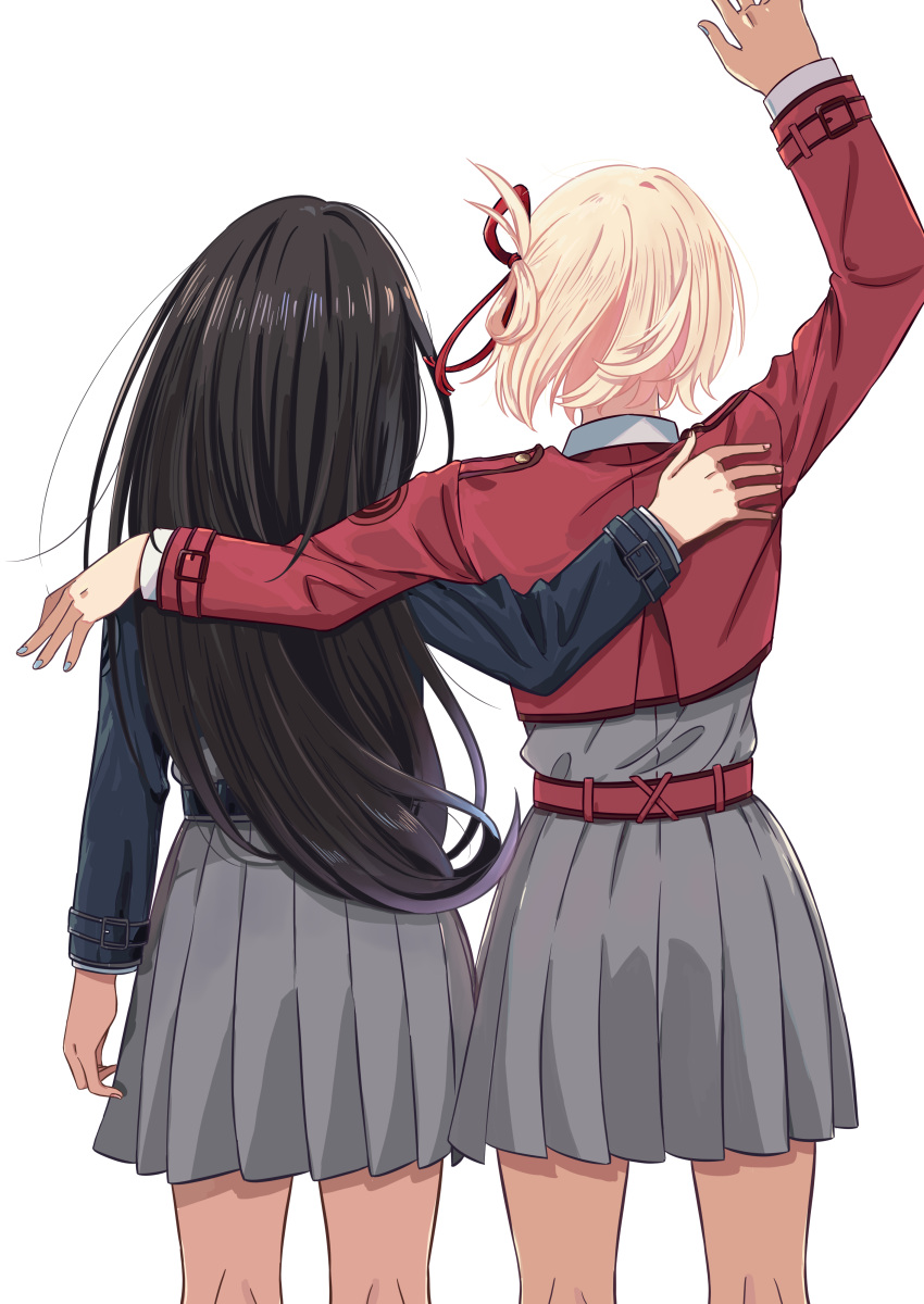 2girls, absurdres, arm_up, black_hair, blonde_hair, blue_dress, chai_haru, commentary_request, dress, from_behind, grey_dress, hair_ribbon, highres, inoue_takina, long_hair, long_sleeves, lycoris_recoil, lycoris_uniform, multiple_girls, nishikigi_chisato, red_dress, red_ribbon, ribbon, short_hair, simple_background, two-tone_dress, white_background, yuri