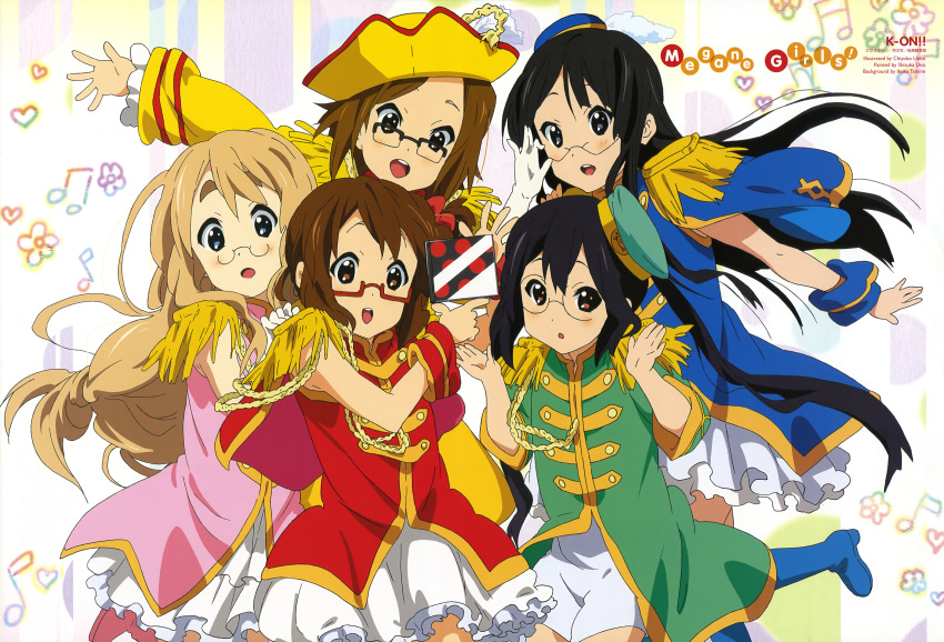 absurdres, adjusting_glasses, akiyama_mio, bespectacled, black_eyes, black_hair, blonde_hair, blue_eyes