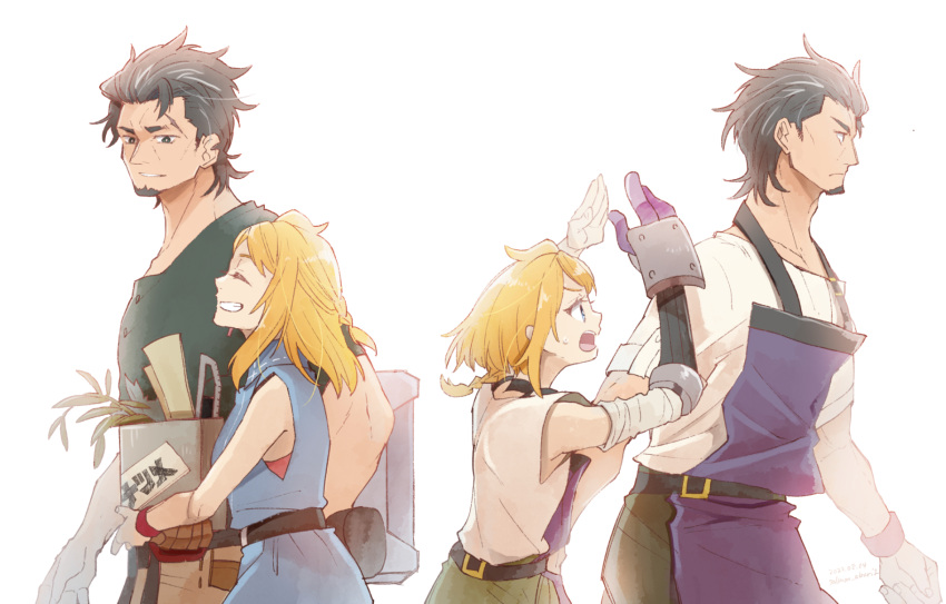 1boy, 1girl, :d, :o, apron, arms_up, black_eyes, black_hair, blonde_hair, blue_dress, blue_eyes, braid, braided_ponytail, closed_eyes, dated, decadence_(anime), dress, facial_hair, goatee, green_shirt, grin, highres, kaburagi_(decadence), multicolored_hair, multiple_views, natsume_(decadence), plant, prosthesis, prosthetic_arm, red_wristband, salmon_aburi1, shirt, short_ponytail, short_sleeves, smile, streaked_hair, twitter_username, white_background, white_shirt