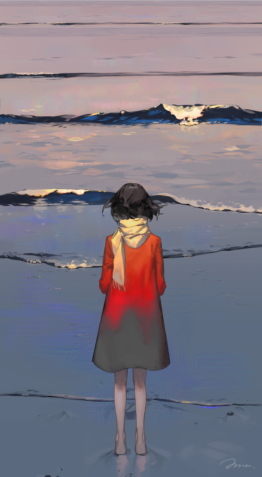 1girl, absurdres, barefoot, black_hair, coat, color_drain, commentary, facing_away