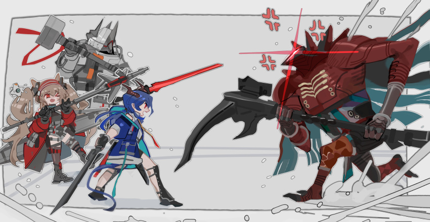 1other, 3girls, absurdres, angelina_(arknights), angelina_(distinguished_visitor)_(arknights), anger_vein, animal_ears, arknights, black_gloves, ch'en_(arknights), chi_xiao_(arknights), demon_girl, demon_horns, destiny_(game), dragon_girl, dragon_horns, dragon_tail, fox_ears, fox_girl, gloves, hammer, highres, holding, holding_hammer, holding_scythe, holding_staff, horns, jumpsuit, mudrock_(arknights), multiple_girls, nslacka, scythe, sledgehammer, staff, tail, white_jumpsuit