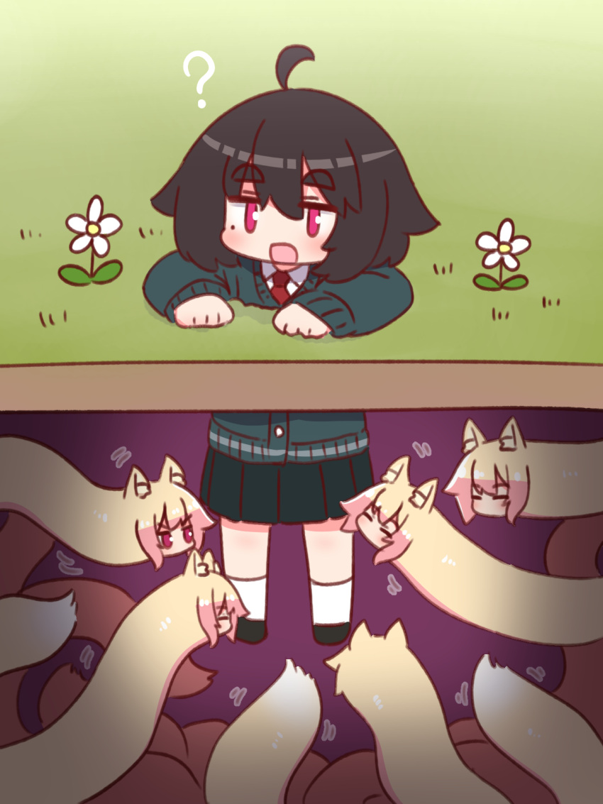 6+girls, ?, ahoge, animal_ear_fluff, animal_ears, black_footwear, black_hair, black_skirt