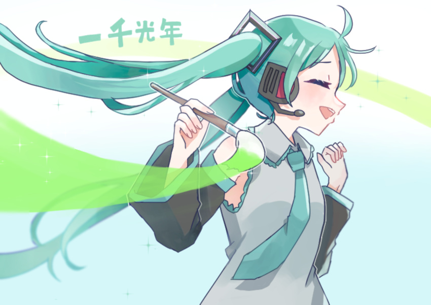 1girl, ahoge, aqua_background, aqua_hair, aqua_necktie, art_brush, black_sleeves, closed_eyes, commentary, detached_sleeves, floating_hair, from_side, gradient_background, grey_shirt, hair_ornament, hands_up, hatsune_miku, headphones, headset, highres, holding, holding_paintbrush, issen_kounen_(vocaloid), long_hair, necktie, open_mouth, paintbrush, painting_(action), profile, shirt, sleeveless, sleeveless_shirt, smile, solo, song_name, sparkle, takagi_konoha, twintails, upper_body, very_long_hair, vocaloid, white_background