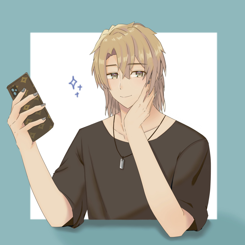 1boy, absurdres, batadora377, black_shirt, brown_eyes, brown_hair, cellphone, grey_nails, hair_between_eyes, hand_up, highres, holding, holding_phone, jewelry, looking_at_viewer, male_focus, medium_hair, necklace, phone, shirt, smartphone, smile, solo, sparkle, togo_fuga, uniteup!, upper_body, white_background